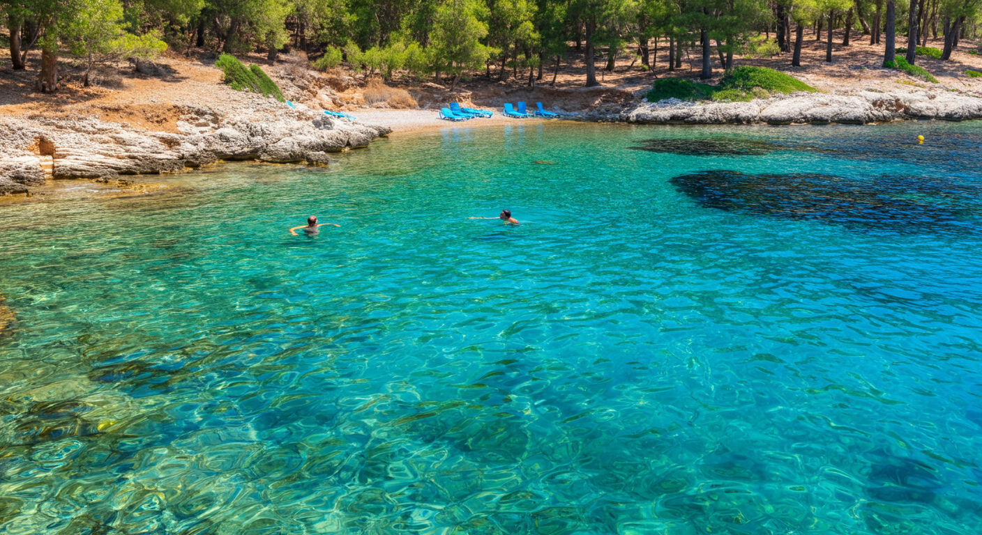 A refreshing swim scene in an Aegean bay in May. Crystal clear water, rocky pine coast. Bright sun but not harsh heat haze. Inviting and natural. Authentic travel photo.