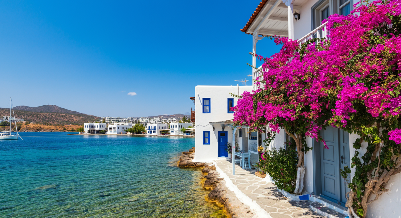 A charming Aegean coast scene (Bodrum or nearby). White houses with bougainvillea, a clear blue sea, and a hotel nearby. A mix of local town character and holiday comfort. Authentic style.