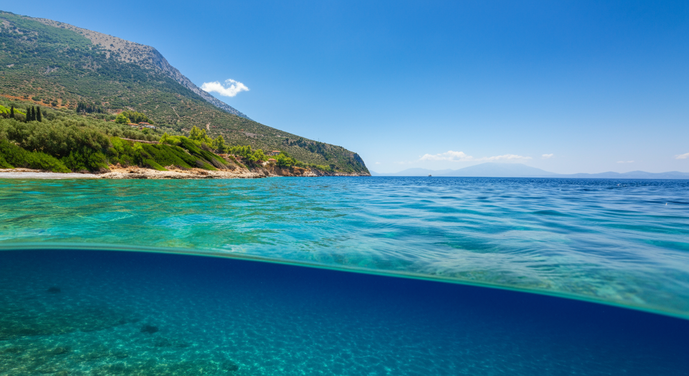 A split composition or scenic view showing the lush green coastline of the Aegean meeting the deep blue sea of the Mediterranean. Sunny, bright, inviting. Authentic landscape photography.