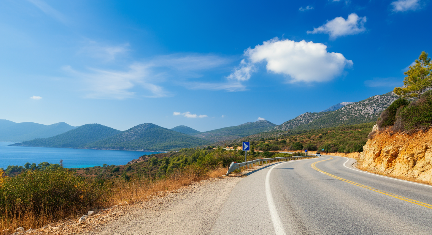 A scenic coastal road or viewpoint in the Aegean region of Turkey in October. Clear air, beautiful landscape, easy driving conditions. Authentic travel exploration.