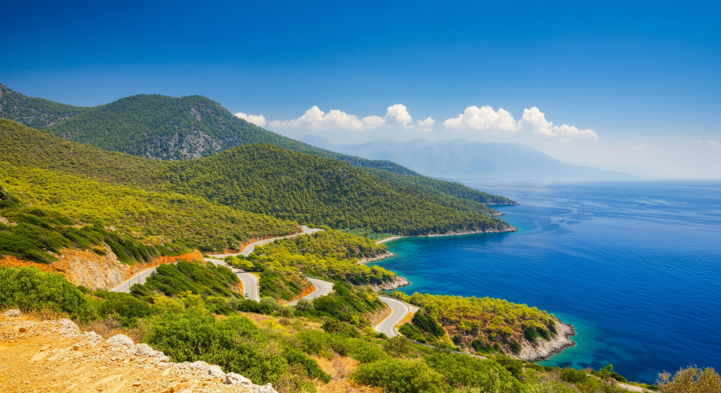 A landscape shot showing the diverse beauty of Turkey's coast. Green hills meeting blue water (Aegean feel). A winding coastal road. Sunny summer day. Authentic travel scenery.