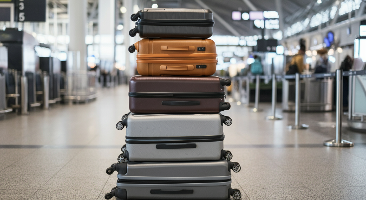 A stack of suitcases and a pushchair at an airport check-in area. Represents the 'luggage cost' factor in travel. Realistic, authentic travel photography.