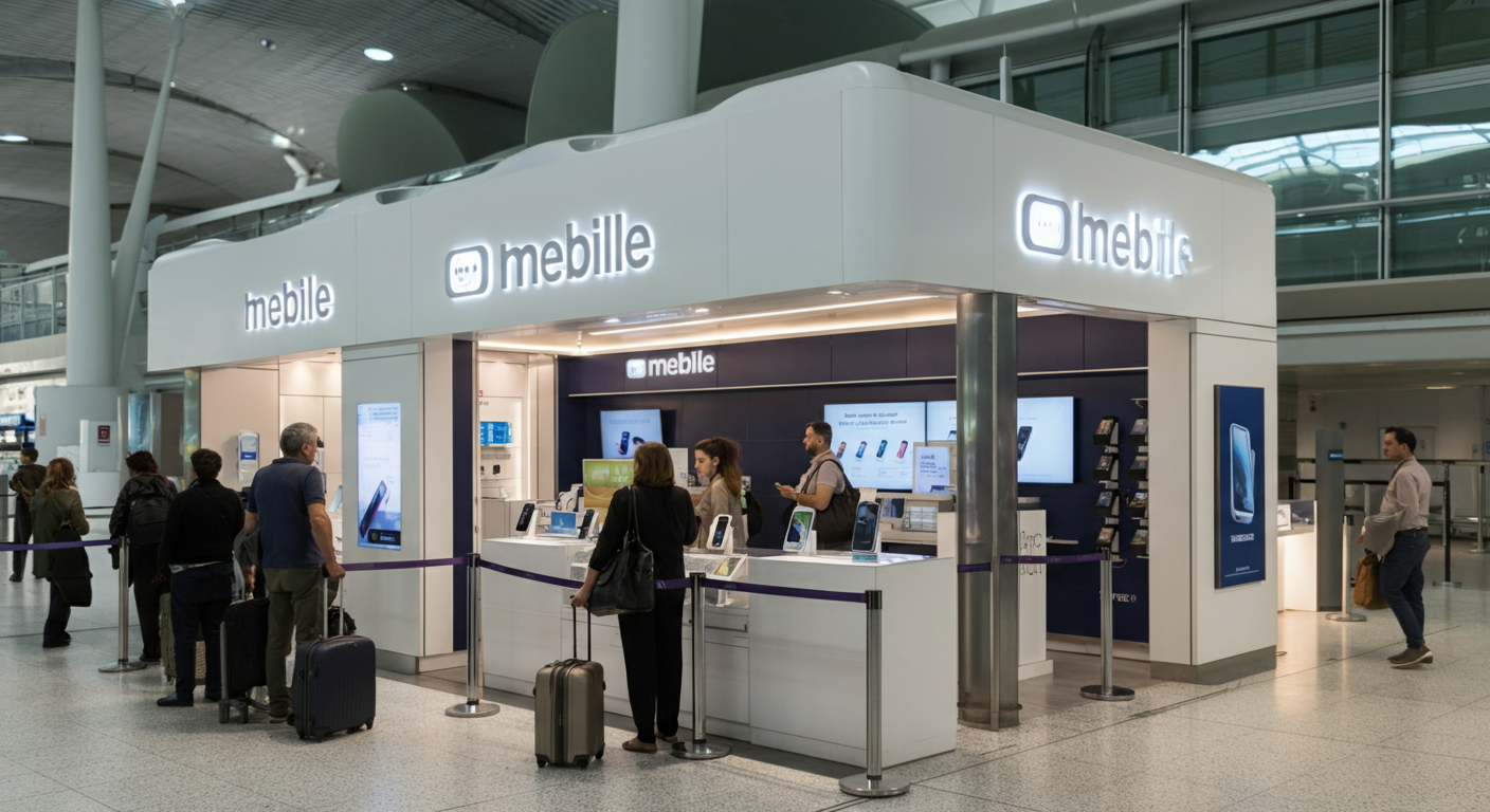A bright, clean mobile operator shop in Istanbul Airport arrivals hall. Travellers queuing politely. Authentic signage (generic telecom style). Realistic airport lighting.  resolution.