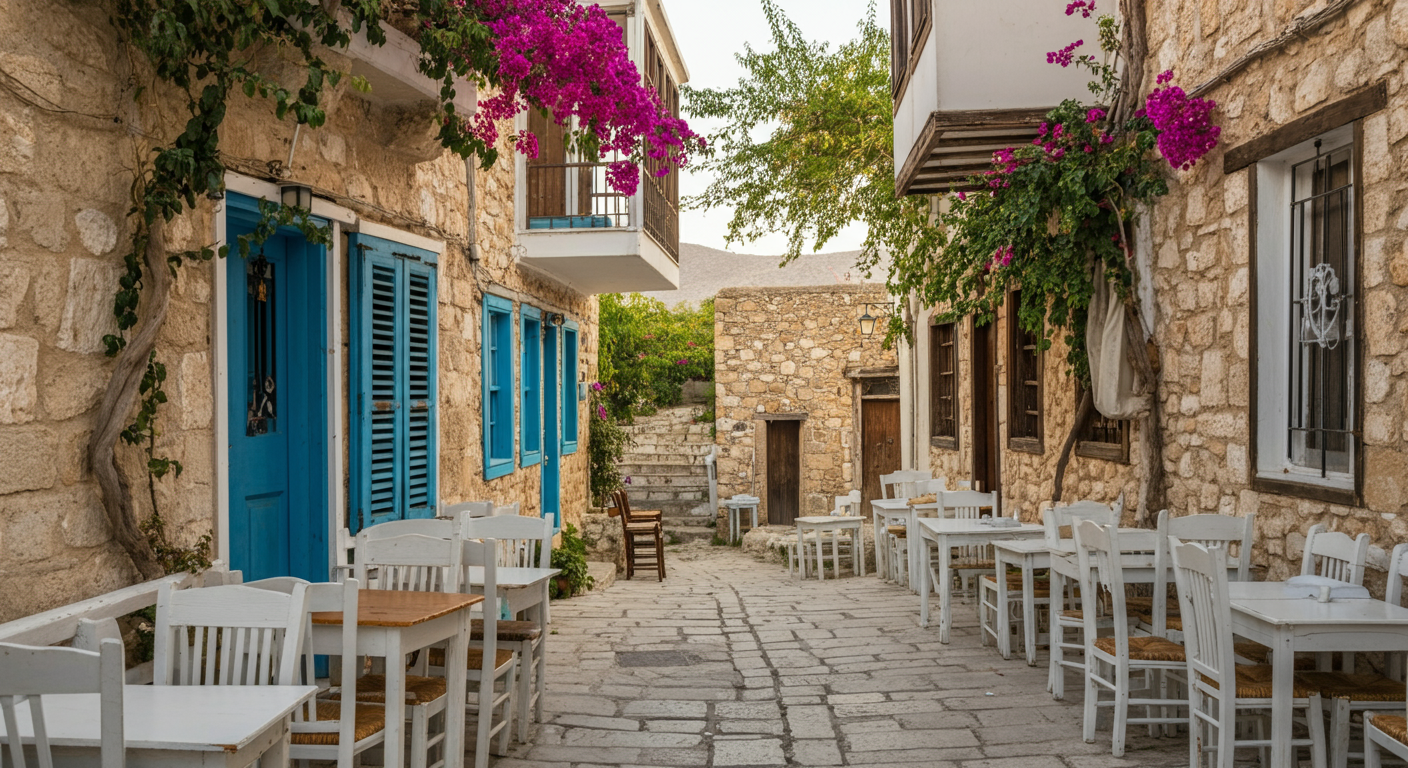 A charming narrow street in Alacati centre. Stone houses with blue shutters. White tables and chairs outside cafes. Bougainvillea hanging. Soft afternoon light. Authentic village atmosphere. Realistic.