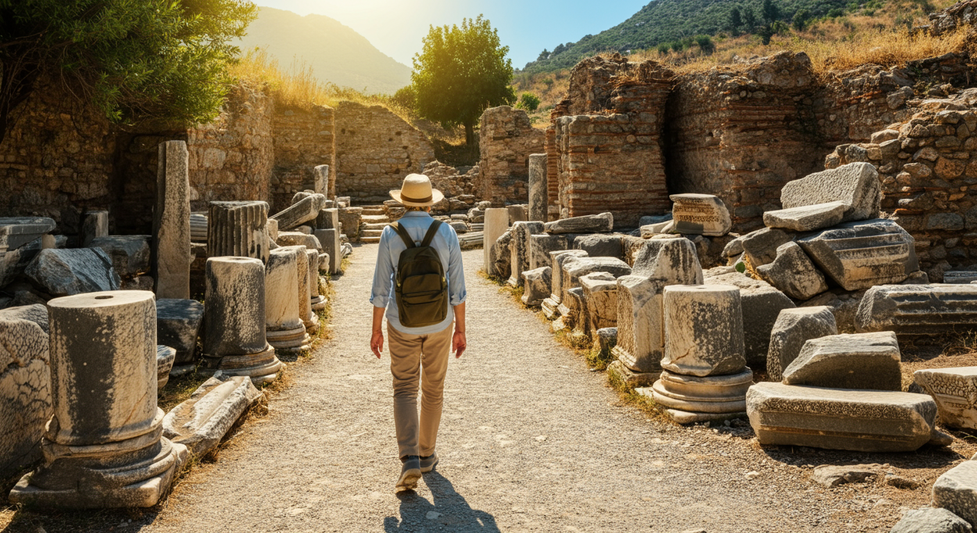 A respectful tourist walking through an outdoor ancient ruin or museum site in Turkey (e.g. Ephesus style). Sunlight, ancient stones. Authentic cultural exploration. High quality.