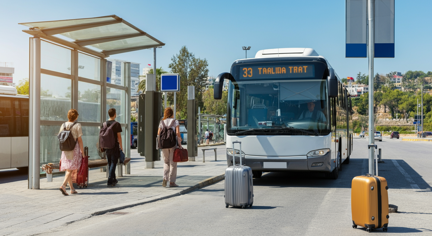 Travellers waiting at a bus stop outside Antalya Airport. Public bus approaching. Sunny day. Authentic travel documentary style.