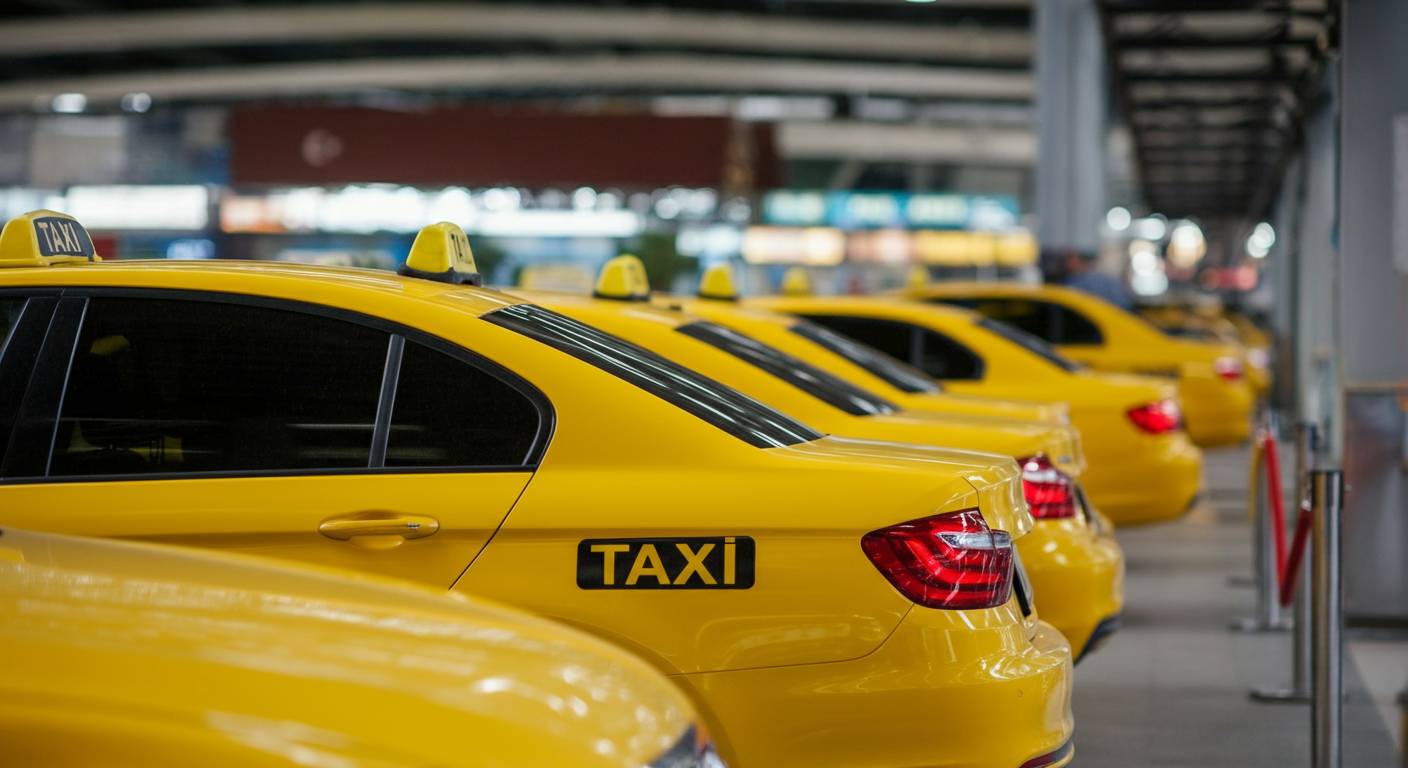 Yellow official taxis lined up at the Antalya Airport taxi rank. Professional, organized queuing. Authentic travel logistics.