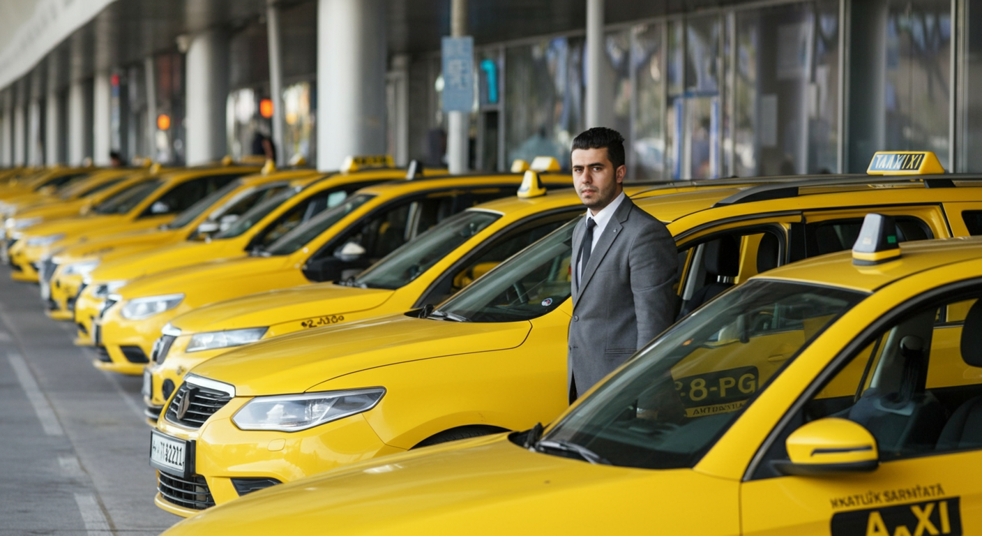 Official yellow taxis lined up at Antalya Airport taxi rank. Drivers waiting near cars. Authentic travel transportation photography.