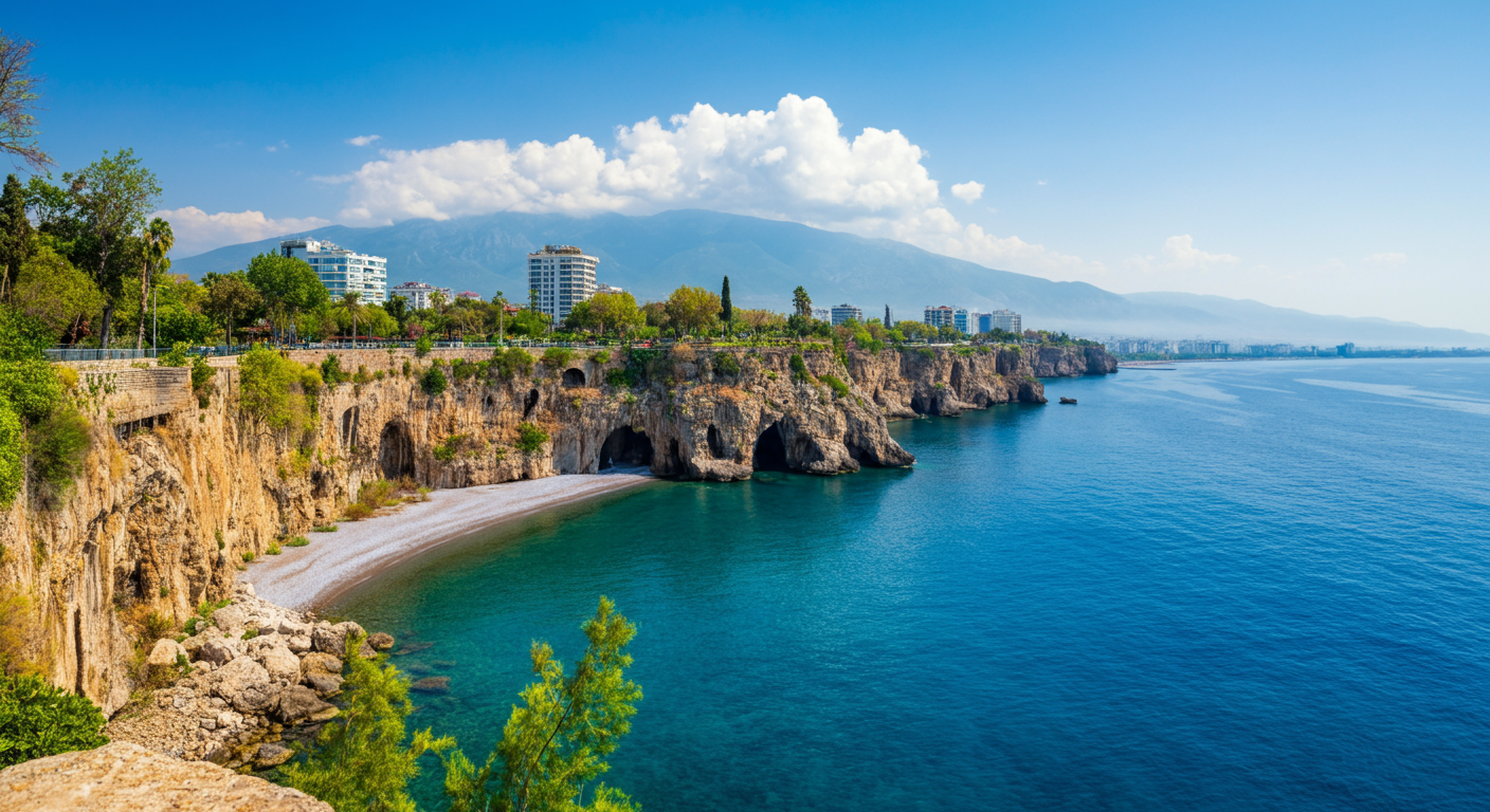 Antalya coast vibe. High cliffs, blue Mediterranean sea, green parks, and distant mountains. City meets sea atmosphere. Authentic travel photography.