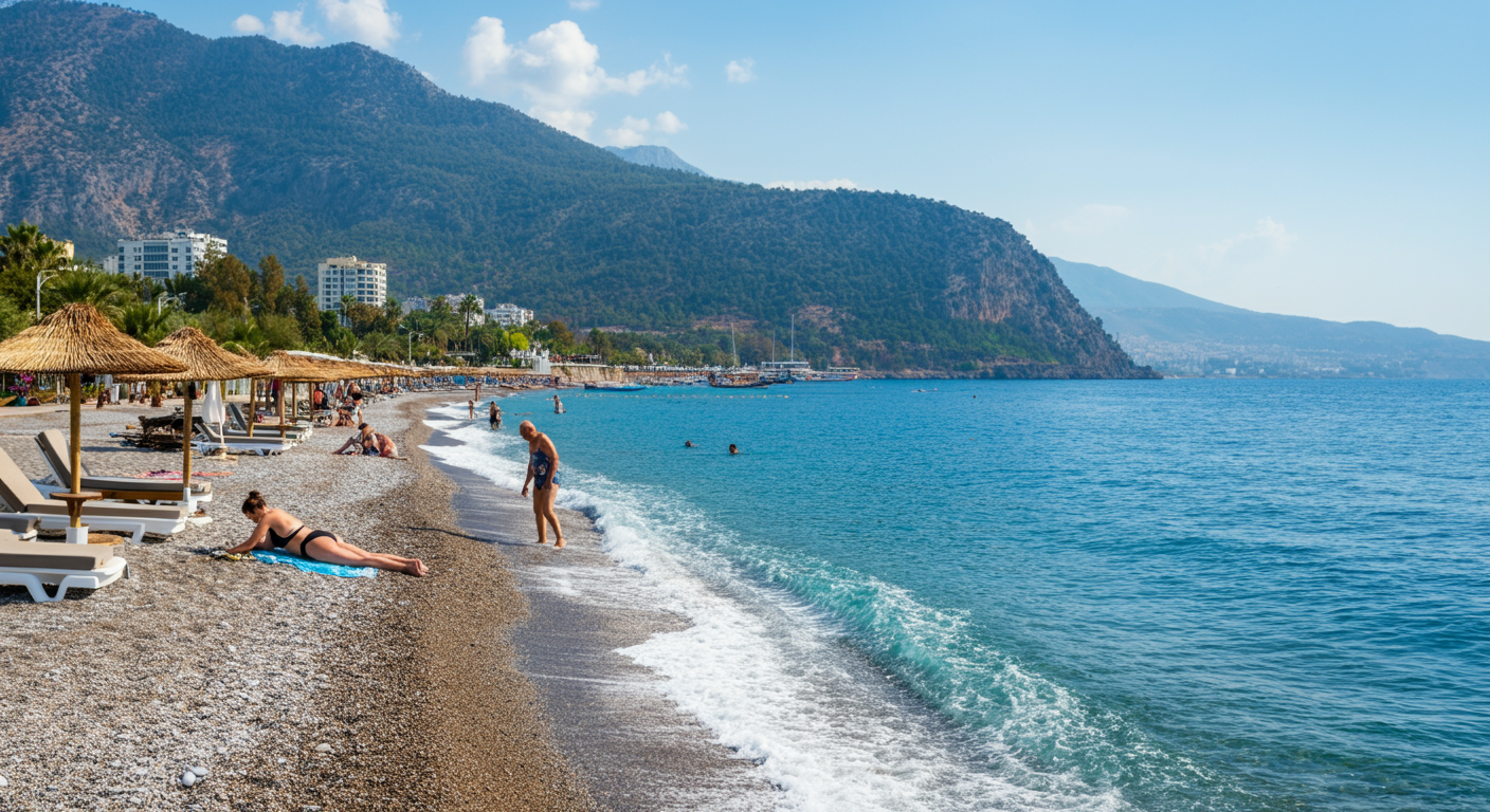 Konyaaltı beach scene in Antalya. People relaxing on the long pebble beach, sea view, mountains in background. Relaxed holiday vibe. Authentic travel photography.