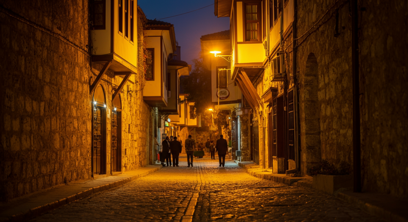Evening twilight in Antalya Old Town (Kaleici). Warm street lights, stone paved narrow street. People walking in the distance. Cozy atmosphere. Authentic / raw photo style. No bokeh overkill.