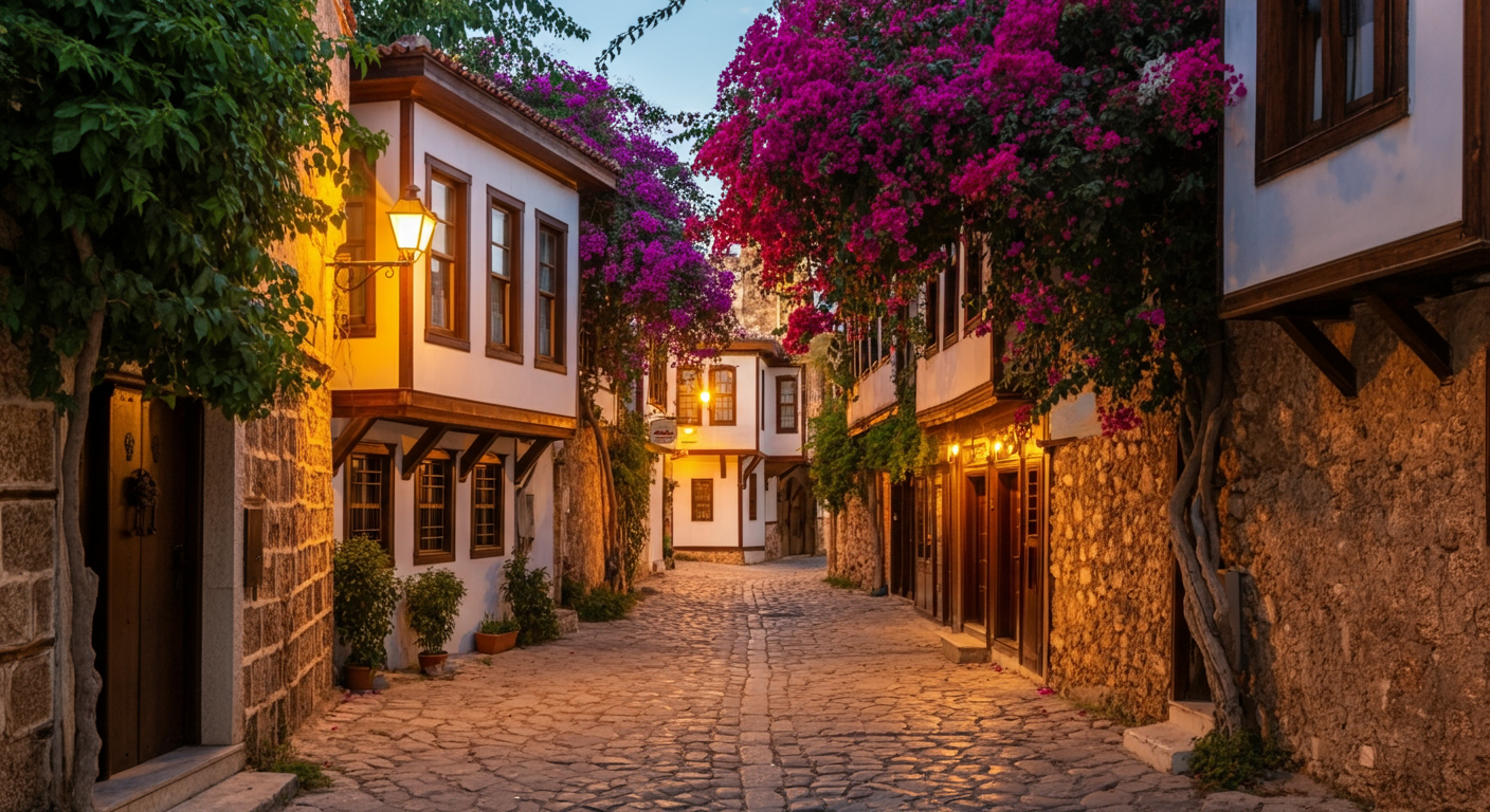 A narrow cobblestone street in Antalya Old Town (Kaleiçi) with historic wooden ottoman houses and bougainvillea flowers. Ambient evening light. Authentic travel vibes.