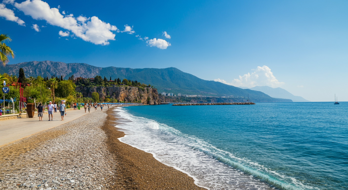 Konyaalti beach in Antalya with pebbles and clear blue water. Mountains in the background. People walking on the promenade. Relaxed sunny day. Authentic wide shot.