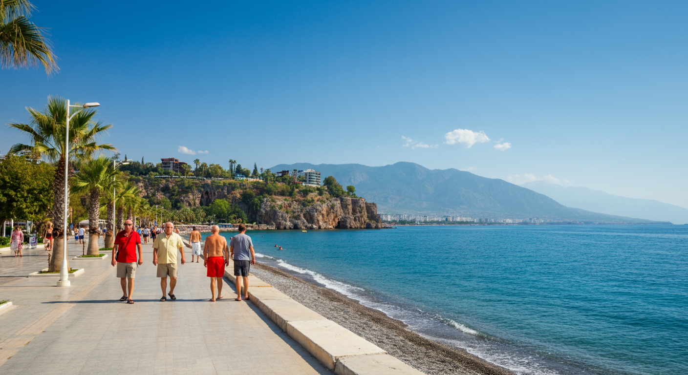 Konyaaltı Beach promenade in Antalya. People walking, palm trees, blue sea, and mountains in the background. Relaxed holiday vibe. Authentic travel photography.