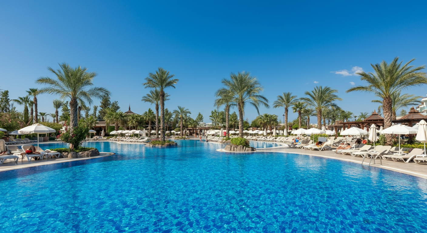 A large, impressive all-inclusive resort pool in Antalya. Palm trees, sun loungers, blue water. A 'mega resort' feel but tasteful. Sunny bright day. Authentic, not 3D render style.