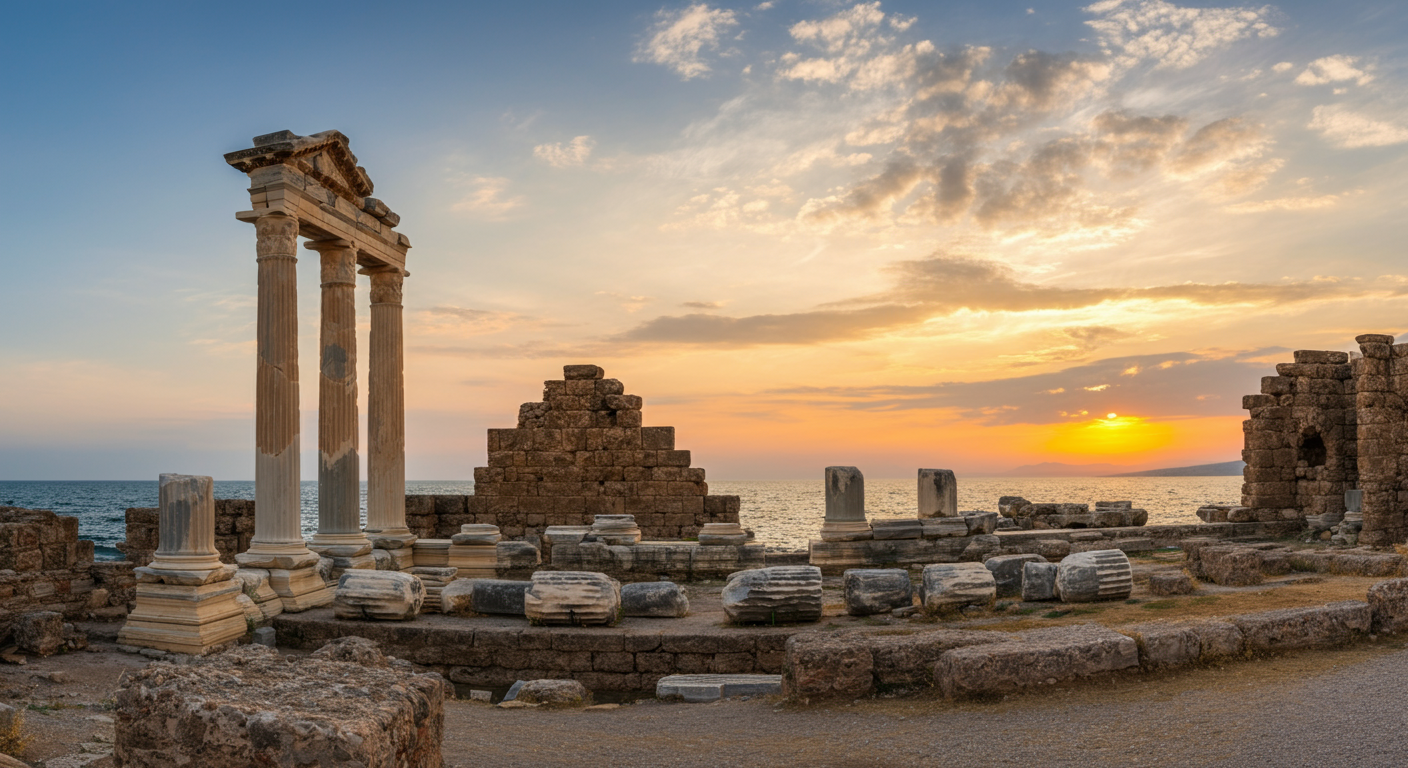 The Temple of Apollo in Side at sunset. Ancient columns against a sea backdrop. Warm lighting. Authentic historical site photography.