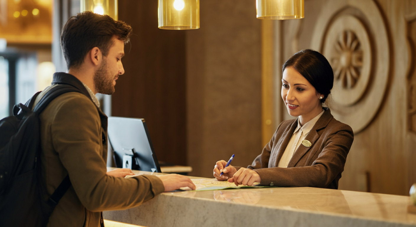 A traveller at a hotel reception desk asking a staff member for advice or directions. Friendly interaction. Staff member pointing to a map or writing something down. Authentic hotel service.