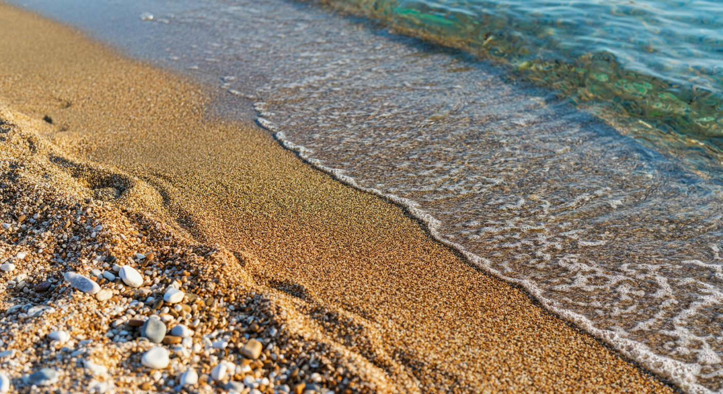 A close up ground level shot of a mixed sand and pebble beach in Turkey, with clear water lapping the shore. Sunlight on stones. Authentic nature detail used to illustrate beach types.