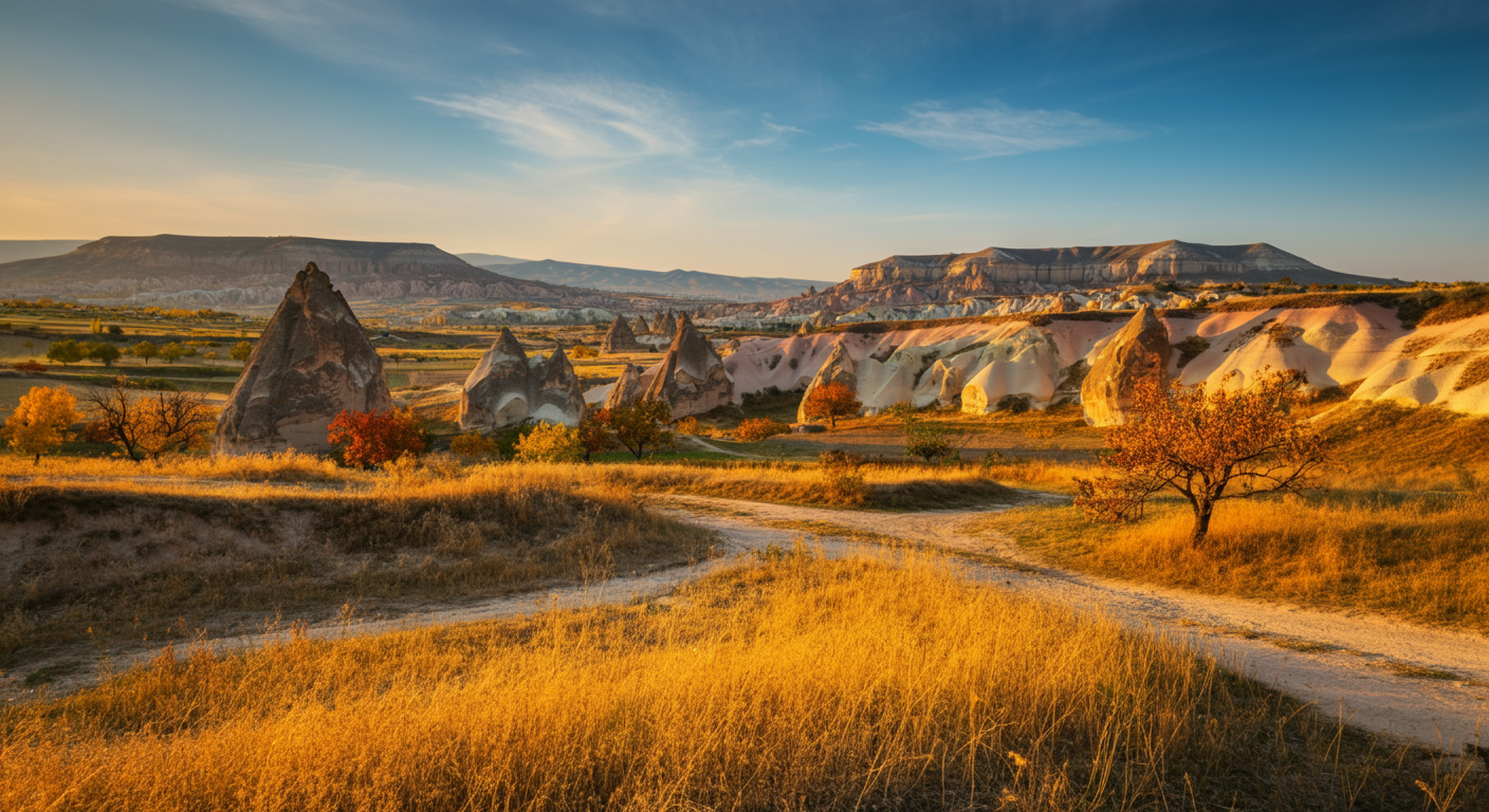 A wide shot of Cappadocia landscape in Autumn. Golden yellow grass, soft long shadows, late afternoon light. Quiet peaceful atmosphere. Realistic nature photography.