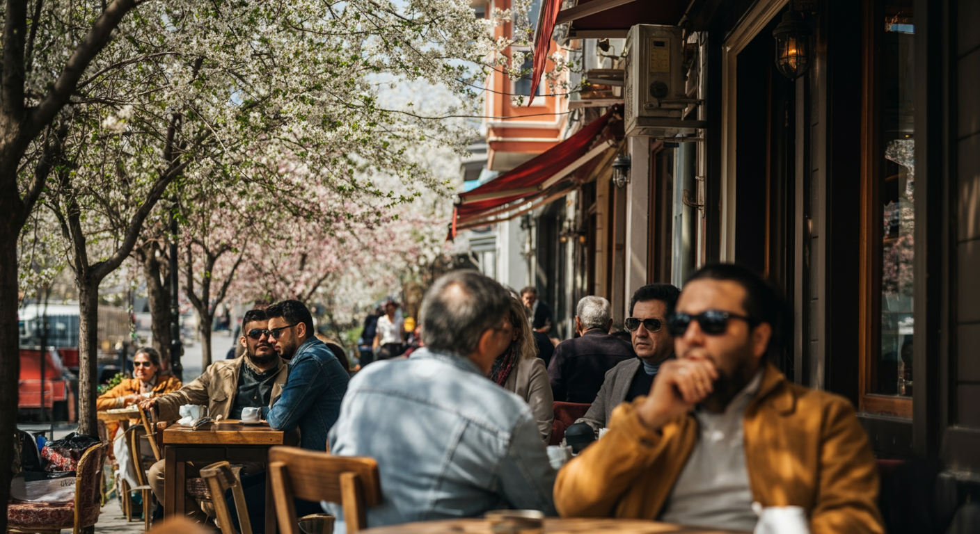 A candid photo of a street cafe in Istanbul in Spring. People wearing light jackets, sunglasses. Flowering trees in background. Soft diffuse sunlight. Authentic city break vibe. Unedited.