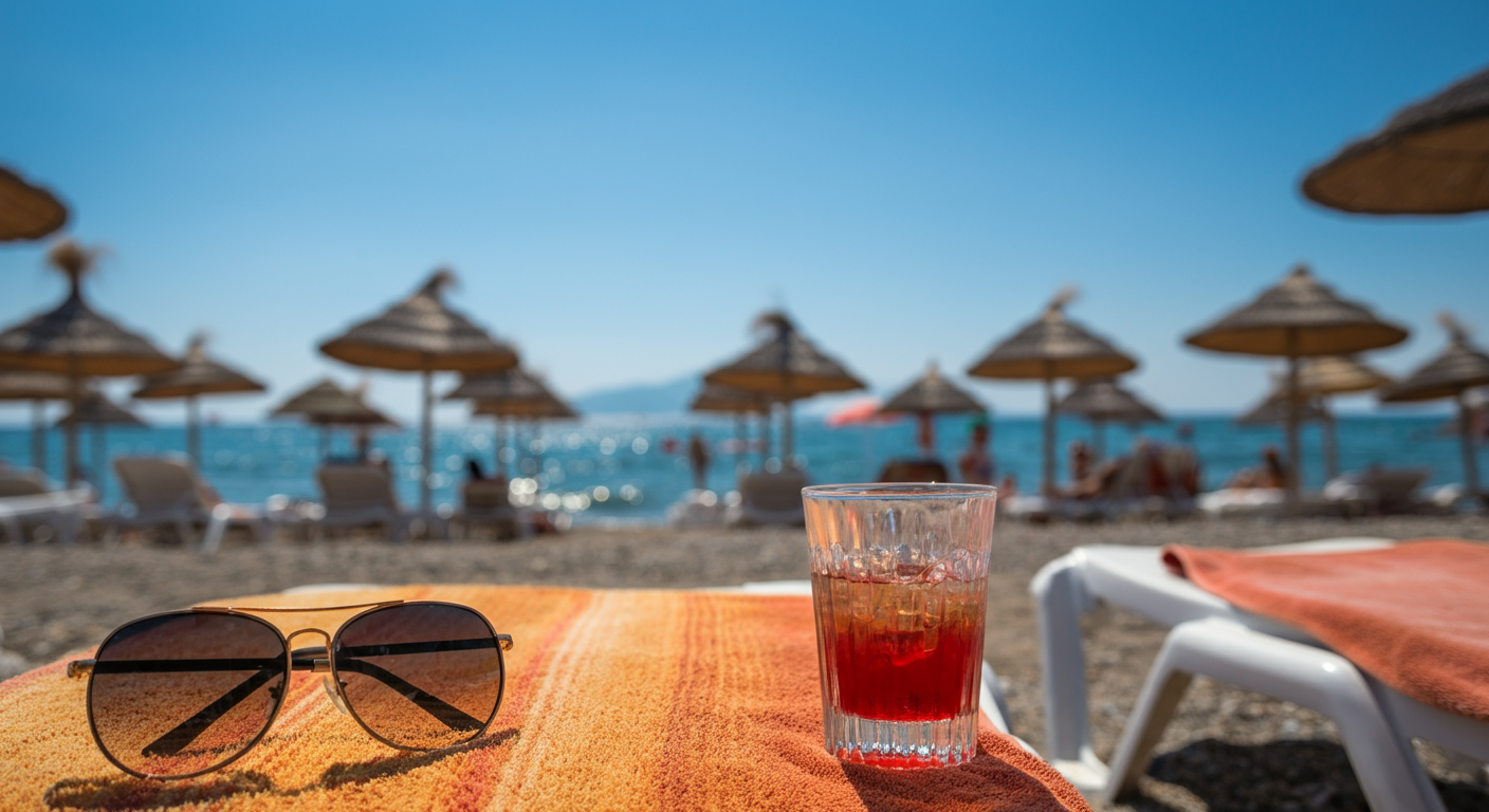 POV shot from a sun lounger on a Turkish beach in peak summer. Blue sky, bright harsh sunlight. Sunglasses and iced drink in foreground. Vivid colors, authentic holiday feel. Heat haze.