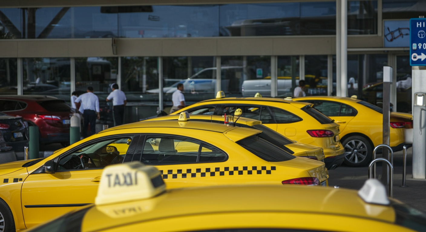 Yellow taxis lined up at Milas-Bodrum Airport official taxi rank. Drivers waiting. Travellers getting into cars. Authentic travel service photography.