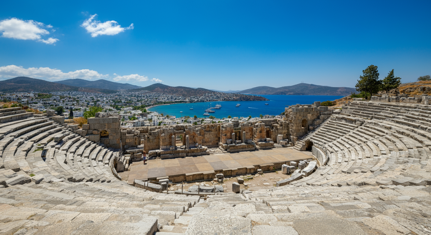 View from the Ancient Theatre of Halicarnassus looking down over Bodrum town and the sea. Historic stone seating. Sunny day. Authentic travel photography.