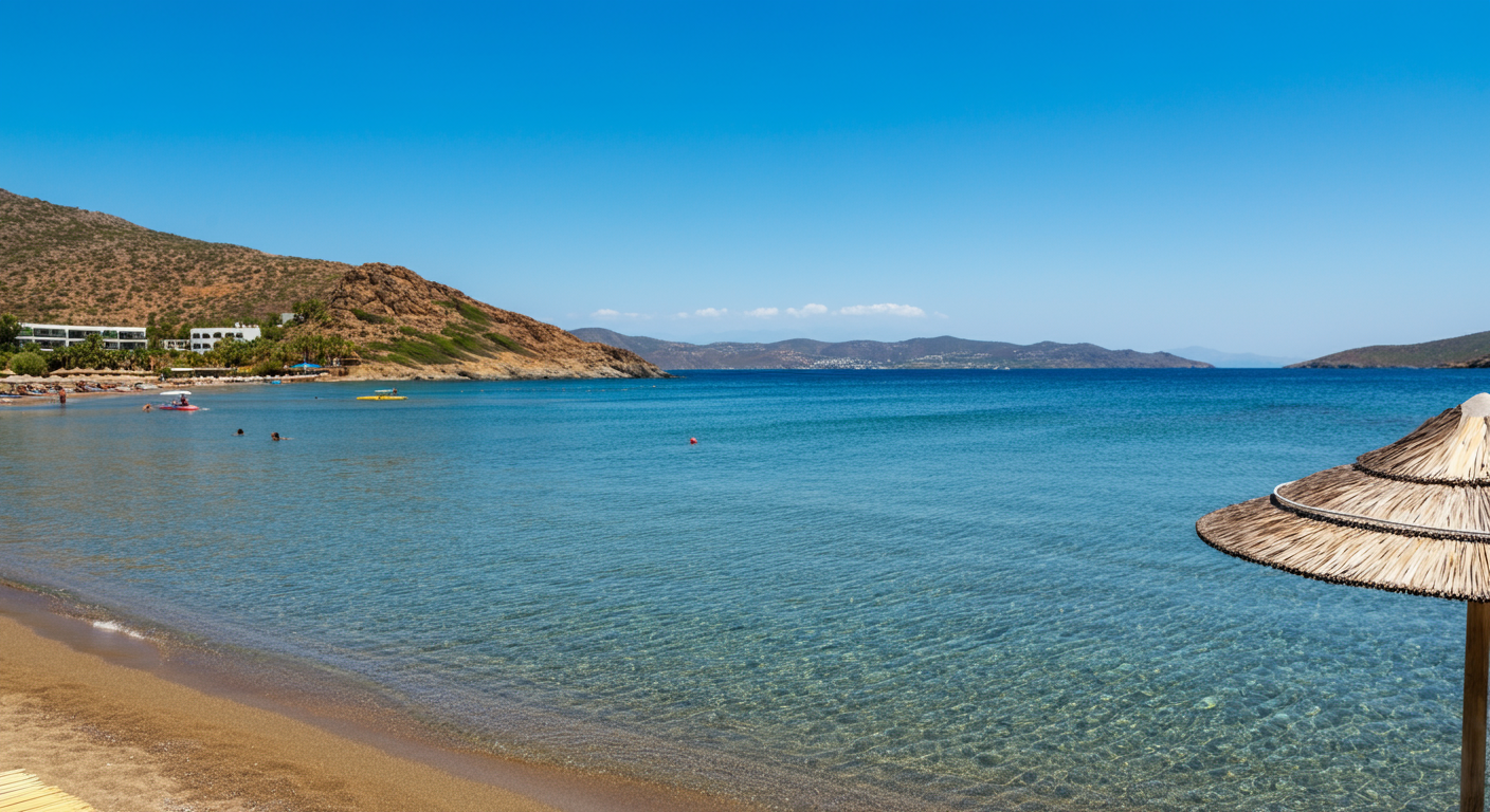 Bitez beach in Bodrum. Calm shallow water, canvas sun umbrellas, relaxed sandy bay. Authentic summer holiday photography.
