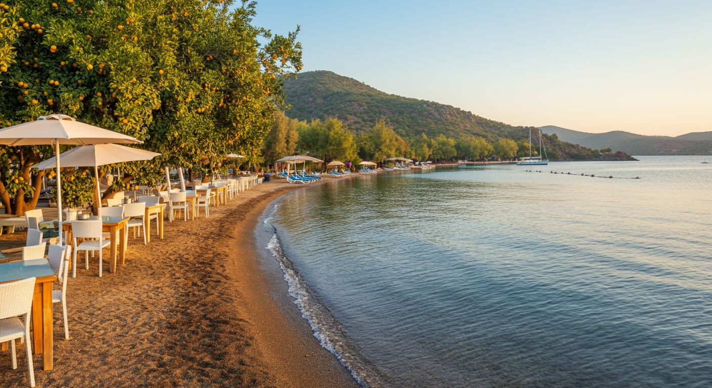 A peaceful curved bay in Bitez, Bodrum. Calm water, lush green citrus trees in the background. A relaxed beach cafe setting. Soft morning light. Authentic travel vibes. No filters.