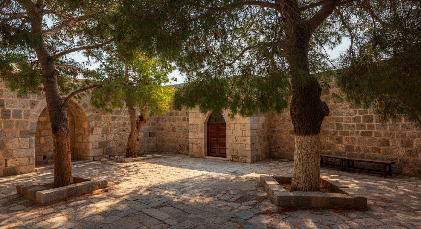 Inside Bodrum Castle courtyard. Stone walls, pine trees, and a peaceful atmosphere. Sunlight filtering through leaves. Authentic cultural photography.