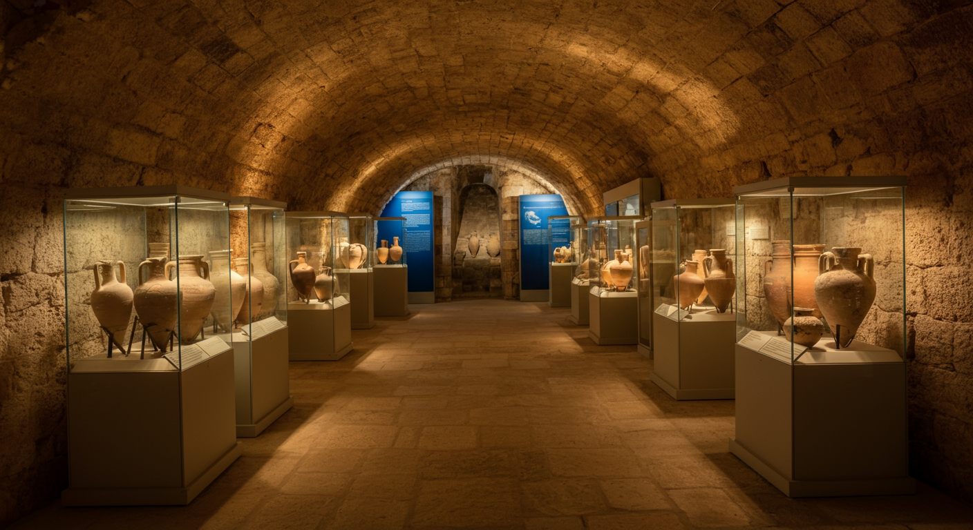 Museum of Underwater Archaeology exhibit inside Bodrum Castle. Ancient amphoras displayed in a stone hall. Atmospheric lighting. Authentic museum photography.