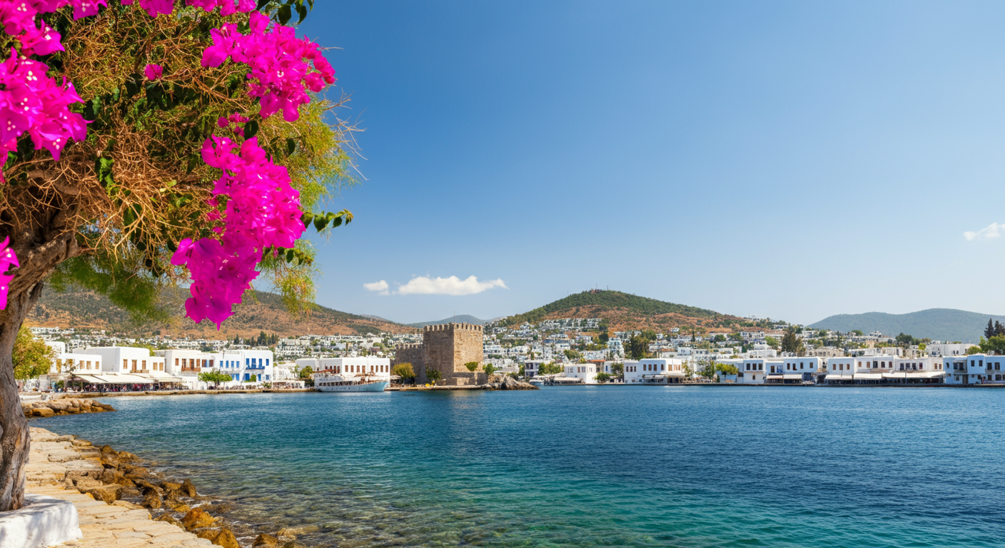 View of Bodrum Castle by the harbour with white Aegean houses and bougainvillea flowers. Sunny day. Authentic cultural travel photography.