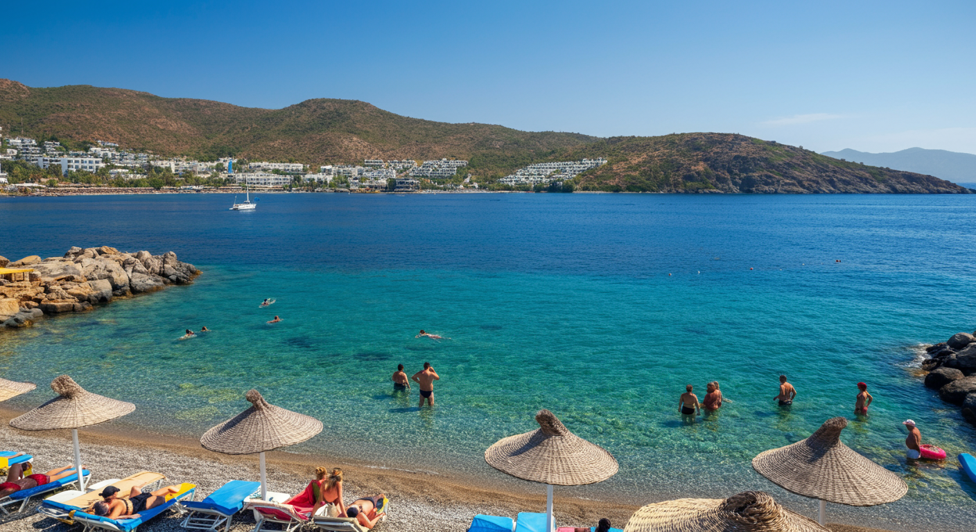 A lively beach scene in Gumbet, Bodrum. Sunbeds, umbrellas, people enjoying the sea. Bright turquoise shallow water. Energetic holiday atmosphere. Wide angle scenic shot. Realistic lighting.