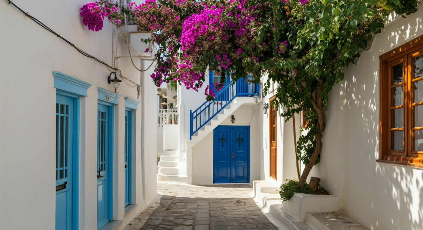 Narrow street in Bodrum old town. Whitewashed buildings with blue doors and bougainvillea flowers. Sunlight and shadows. Authentic cultural travel photography.