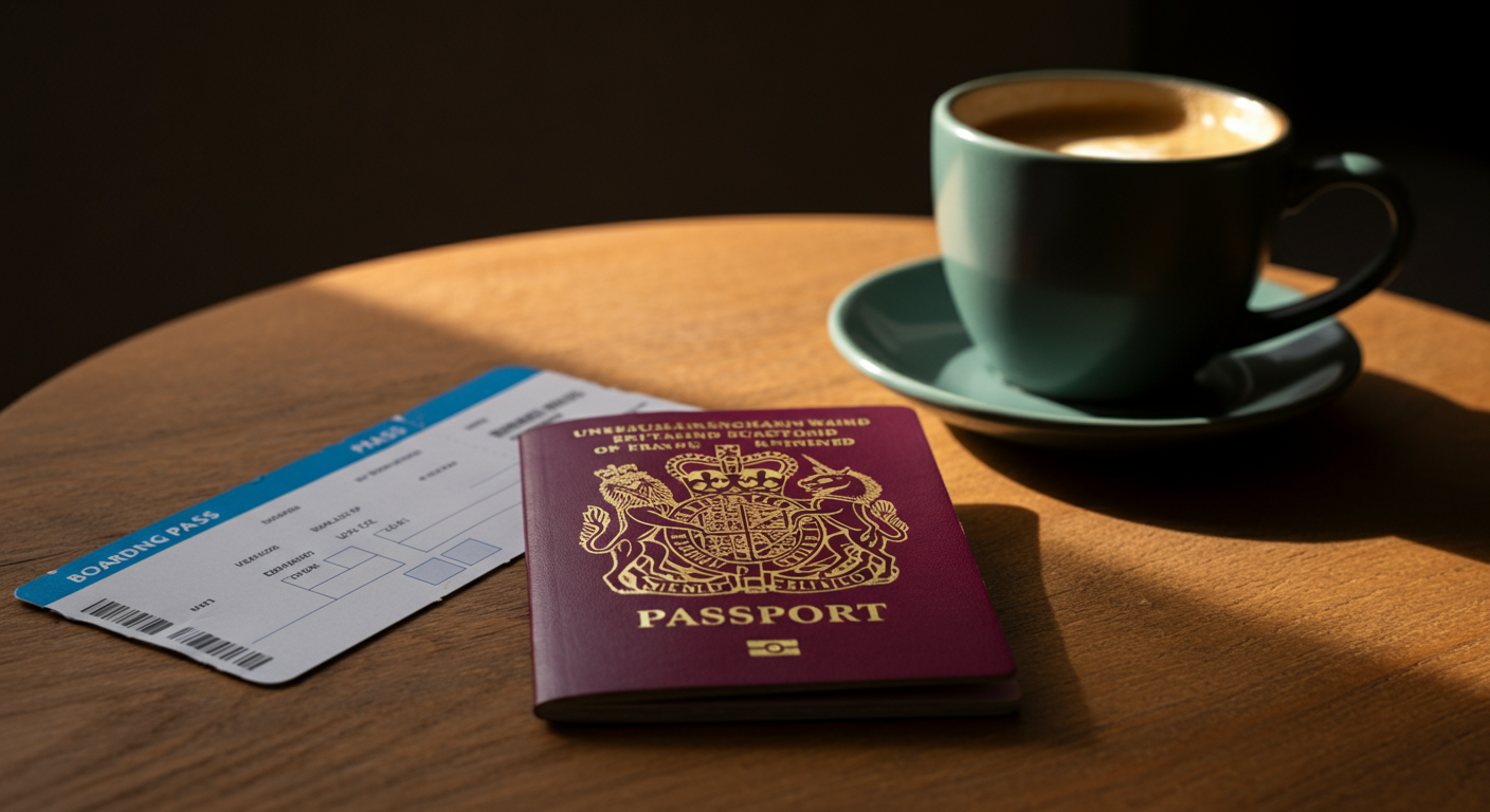A close-up, high-angle shot of a British passport and a boarding pass resting on a rustic wooden coffee table next to a cup of coffee. Warm, natural sunlight casting soft shadows. Extremely realistic texture of the passport cover and paper. Authentic travel preparation vibe.  resolution, highly detailed.