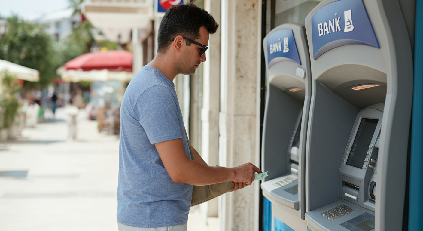 A tourist using a bank ATM in a safe, sunny location in Turkey (not a dark alley). Calmly taking cash. Secure feeling. Authentic city/resort background.