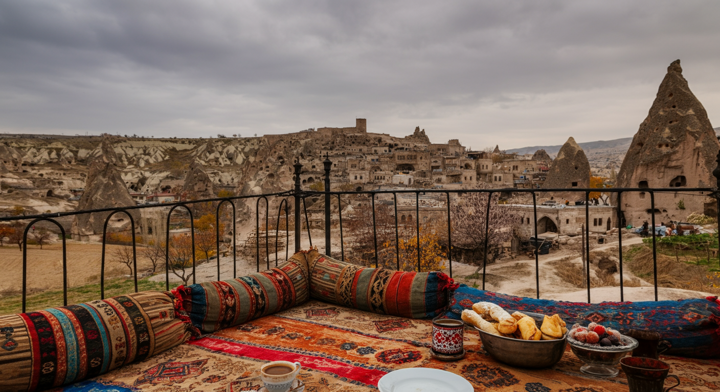 View from a terrace in Uchisar looking towards the castle. Quiet morning coffee scene. Soft luxury feel, natural stone textures. Authentic calm atmosphere. High resolution photo.