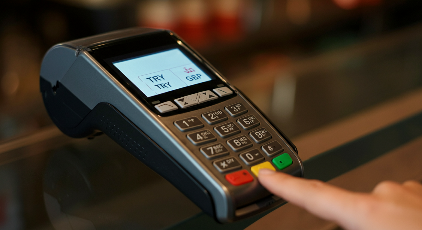Close up of a modern card payment terminal in Turkey showing a choice between 'TRY' and 'GBP' (or home currency). Finger hovering to select TRY. Background of a shop or cafe counter. Authentic payment moment.