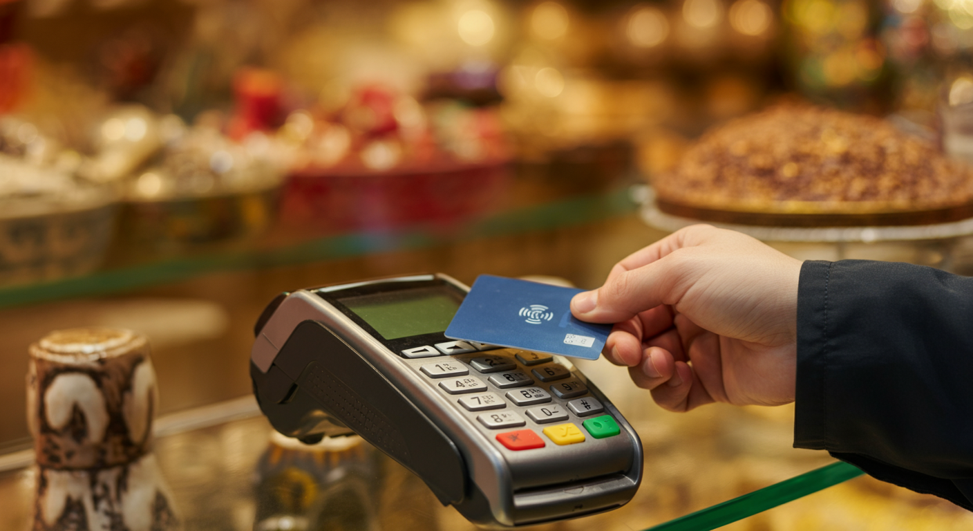 Close up of a hand using a contactless card to pay at a modern payment terminal in a Turkish shop. Turkish delight or souvenirs in background. Authentic retail moment. High resolution.