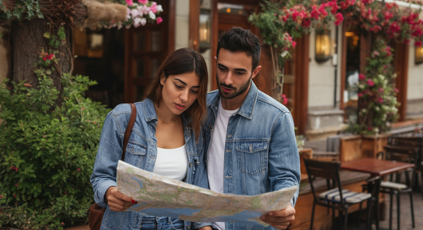 A couple looking at a map of Turkey's coast, deciding where to go. Relaxed outdoor setting. Authentic travel decision moment. Natural light.