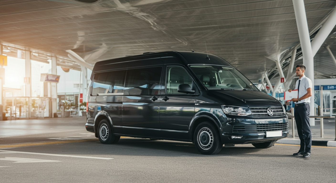 A private black transfer van waiting at Dalaman Airport designated pick up area. Driver holding a name sign (blurred text). Authentic travel service photography.