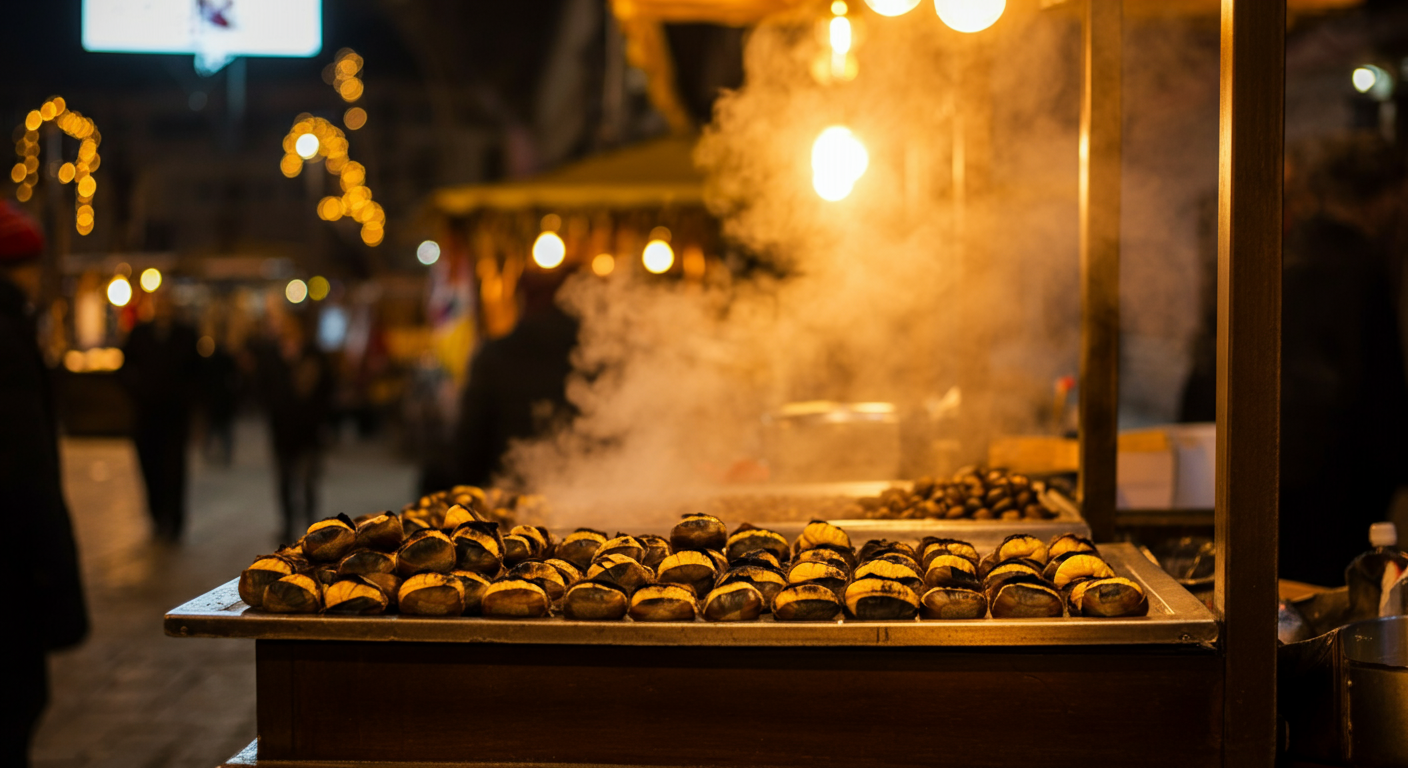 A food stall or market scene in Turkey in December. Roasted chestnuts (kestane) cart. Steam rising. Warm lights. Evening atmosphere. Authentic street food culture.