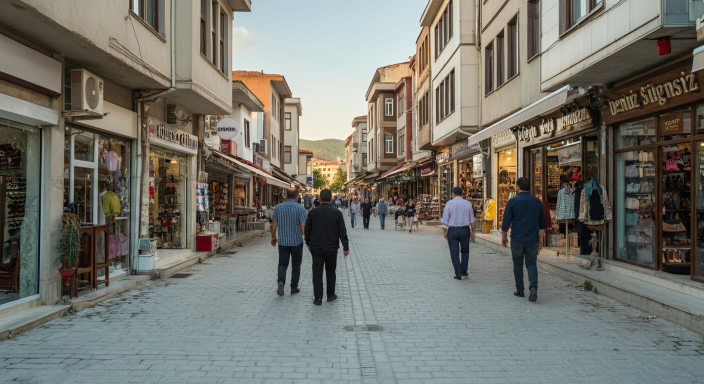 A lively street in Denizli city centre. Modern Turkish city life. People walking, shops, cafes. Authentic urban travel photography. Bright daylight.