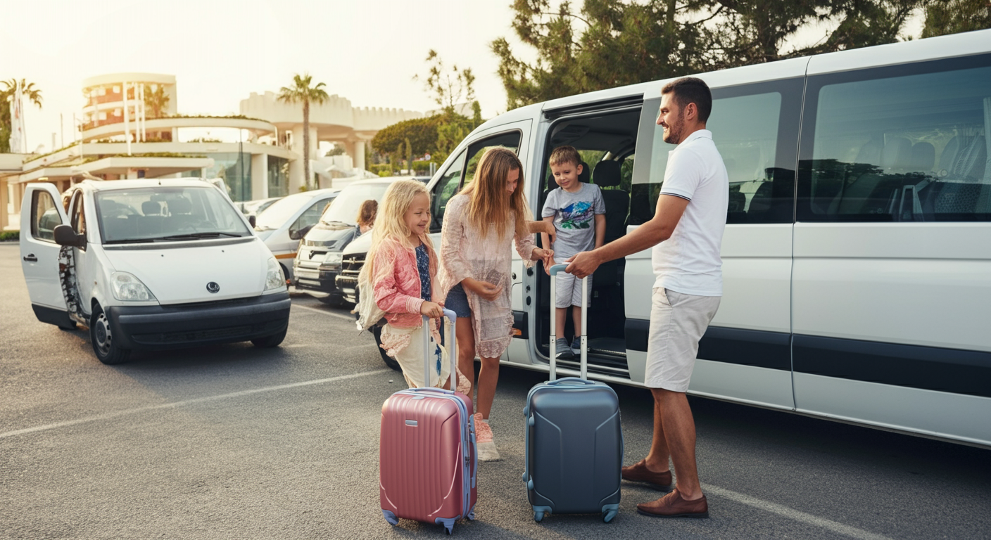 A friendly driver helping a family load suitcases into a transfer van in sunny Turkey. Helpful service moment. Authentic travel logistics. Positive vibe.