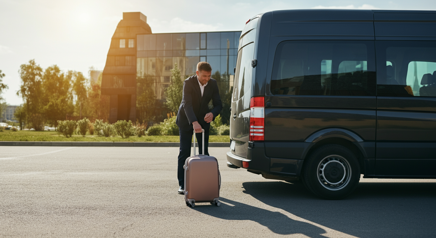 A friendly driver helping with luggage at the back of a black transfer van. Sunny day. Authentic, helpful service moment. Focus on the action of help. Realistic travel photography.