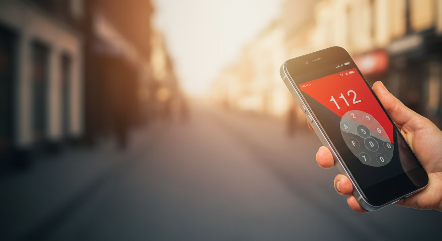 A smartphone screen showing '112' being dialed. Blurred background of a street or safe environment. Focus on the emergency number. Safety preparedness concept. Authentic style.