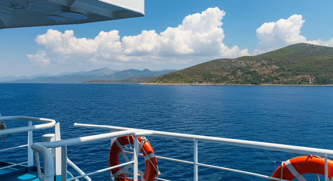 A view from a ferry approaching a Greek island from Turkey. Blue sea, coastline in distance. Authentic travel perspective. Sunny day. Border crossing concept.