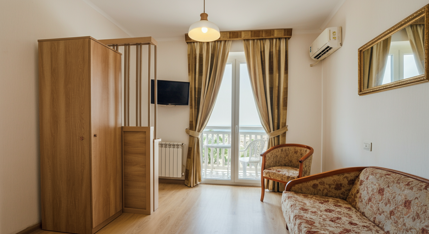 Interior of a practical family hotel room in Turkey. Showing a separate sleeping area or a partition. Clean, bright, with a balcony view. Authentic travel photo style. No ultra-wide angle distortion.