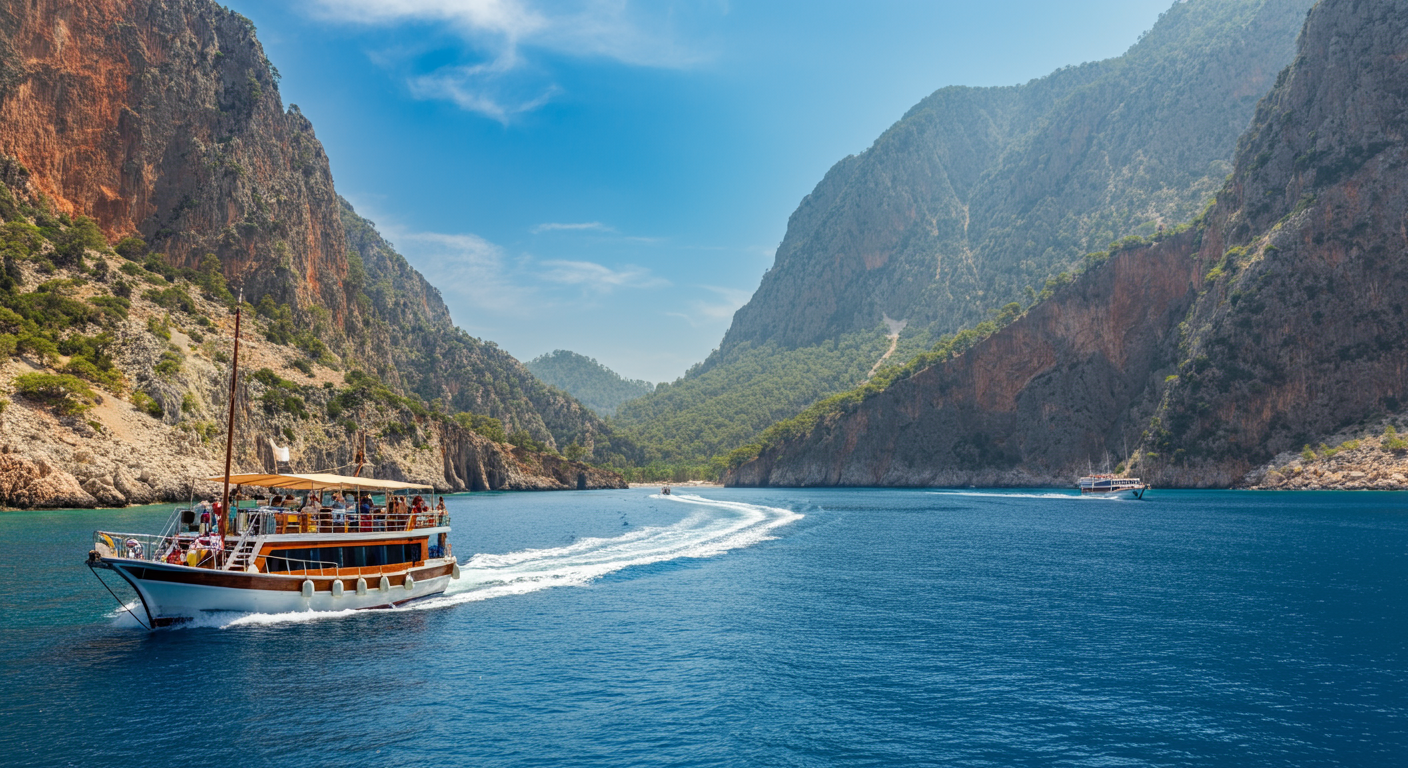 A view of Butterfly Valley (Kelebekler Vadisi) beach from the sea. High cliffs on both sides. A boat approaching. Dramatic scenery. Authentic travel photography.