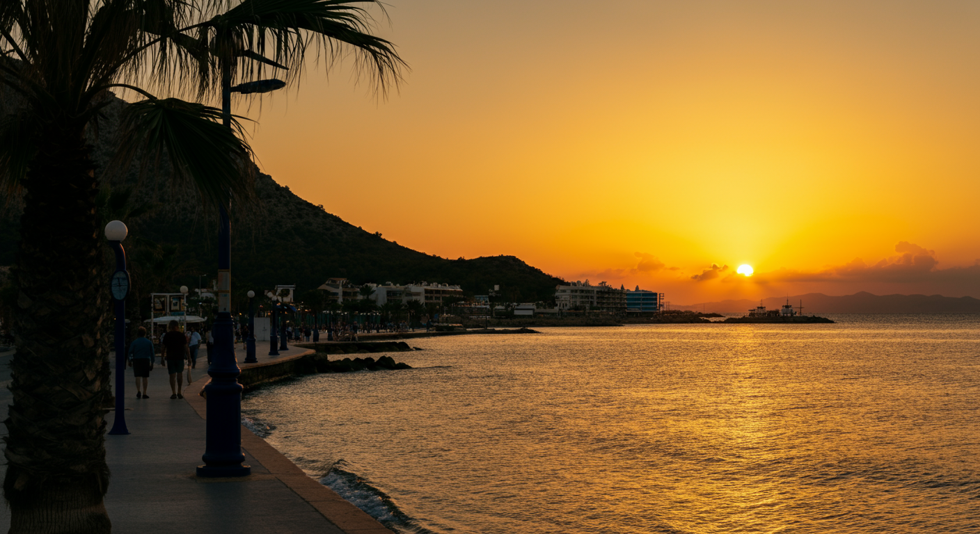 Sunset view from Calis beach promenade. Silhouette of palm trees. People walking along the coast. Golden hour light reflecting on the sea. Authentic travel photo. Calm atmosphere.